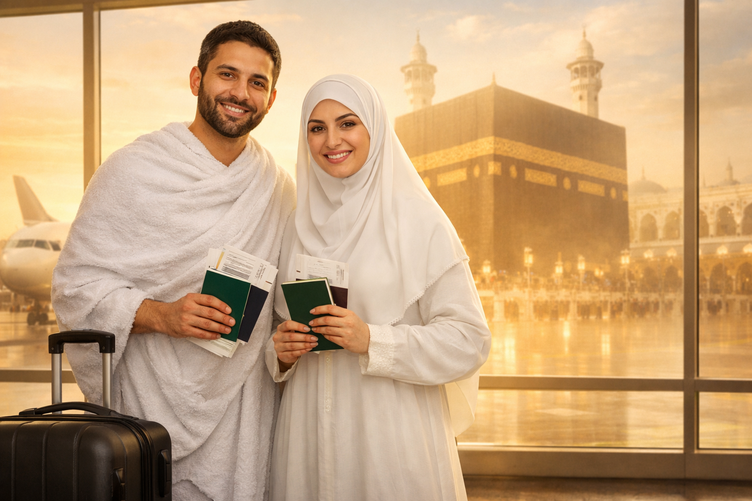 Umrah travel agency UK – Muslim couple preparing for Hajj or Umrah travel with Latif Travels UK